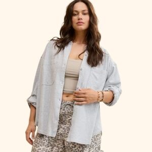 🛍Buy2Get1 FREE Aerie Roll With It Lightweight Fleece Shirt -Mefium Heather Gray